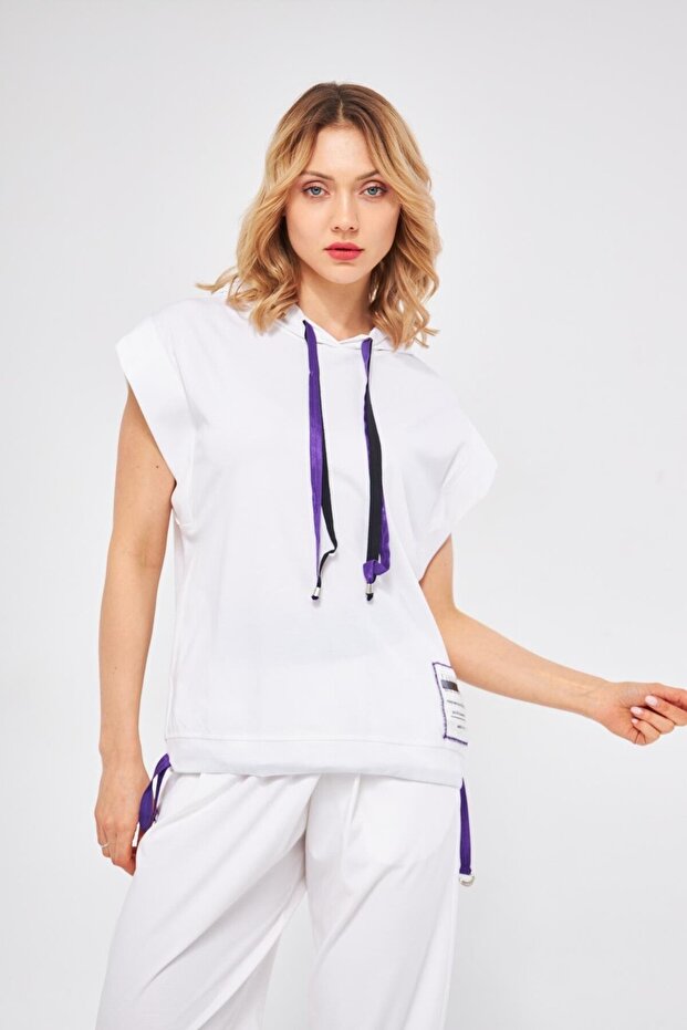 KAPÜŞONLU KOLSUZ BEYAZ BASIC SWEATSHIRT - 2