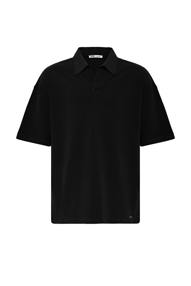 Basic Polo Yaka Oversize Tişört Siyah - 2