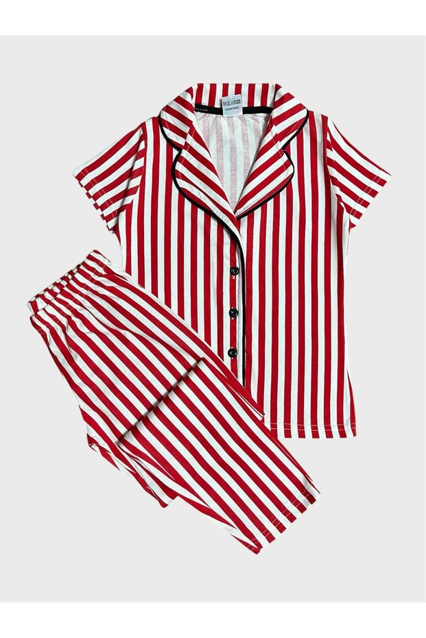 Girl's 100% Cotton Red Striped Shirt Collar Buttoned Short Sleeve Summer Pajama Set