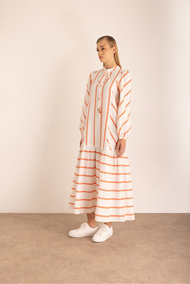 Çizgili Vual Elbise - 7