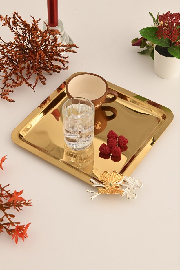 Nesto Stainless Square Butterfly Detailed Presentation Tray Gold 1 Piece