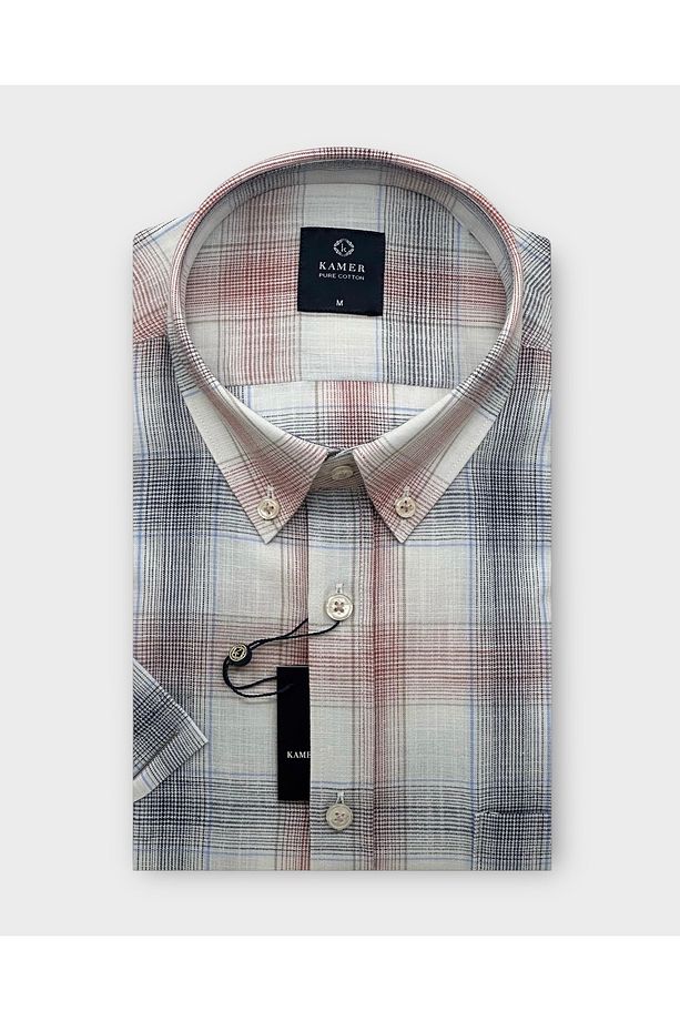 ERKEK REGULAR FIT KISA KOL %100 PAMUK DÜĞMELİ YAKA TEK CEPLİ EKOSE GÖMLEK 9429R - 1