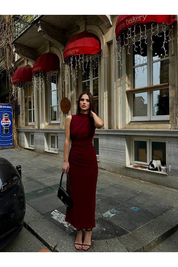 Astarlı Arkası Yırtmaçlı Drape Detaylı Elbise-MX00015 - 3