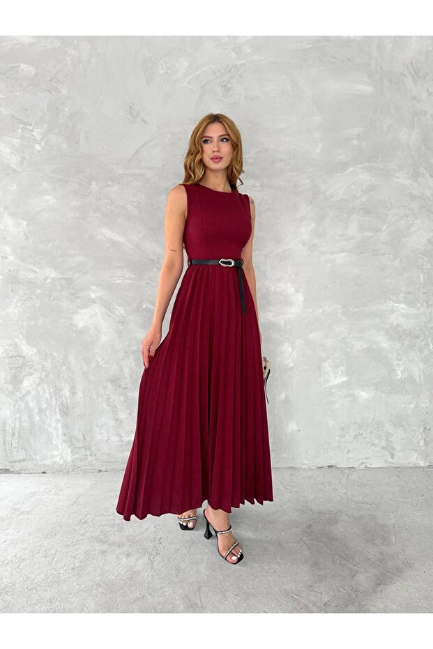 Lina Belted Linen Pleated Midi Dress