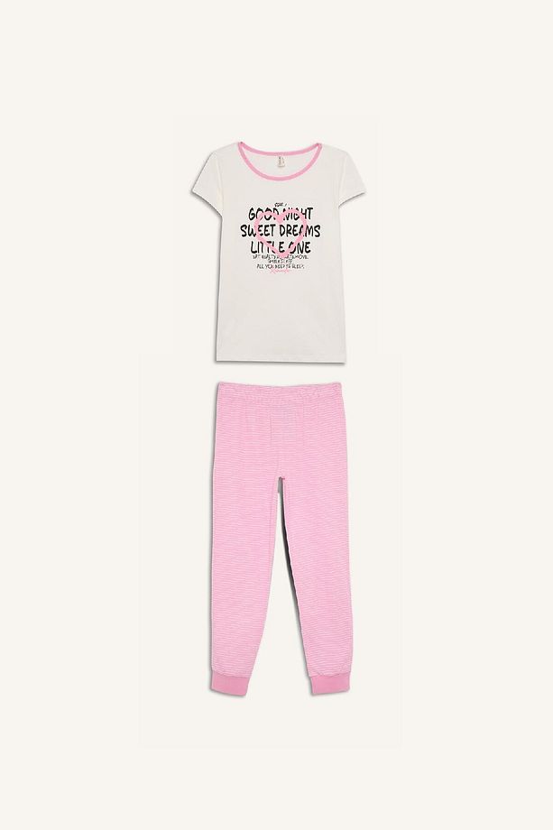 Kız Çocuk Pijama Takımı Baskılı Kısa Kollu Üst Beli Lastikli Uzun Alt E2220A825SM - 8