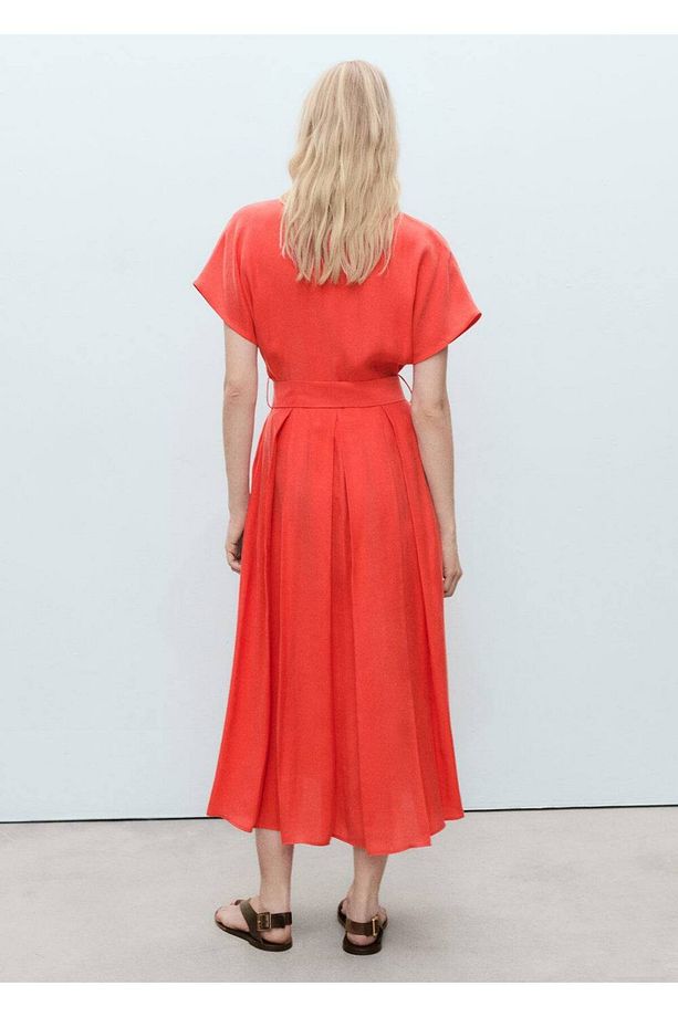 Kemerli flared midi elbise - 4