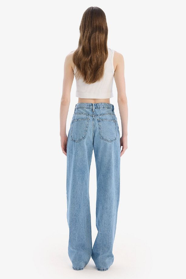 Straight Wide Yüksek Bel Uzun Jean Yıkamalı Pantolon E3190AX25SP - 5