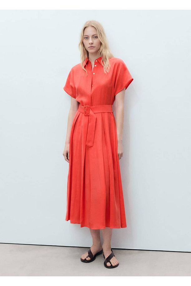Kemerli flared midi elbise - 2
