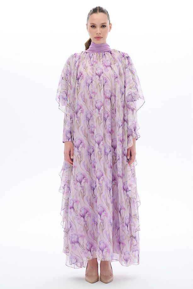 LALE DESENLİ KAFTAN ELBİSE Lila - 1