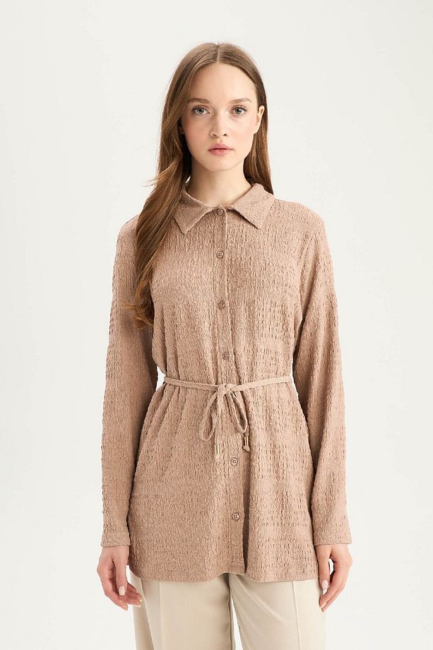 Regular Fit Ayarlanabilen Bağcıklı Bürümcük Uzun Kollu Gömlek Tunik E1946AX25SM - 3