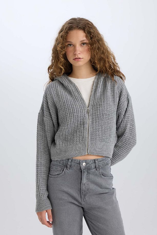 Regular Fit Kapüşonlu Fermuarlı Triko Hırka E2269AXNS - 3