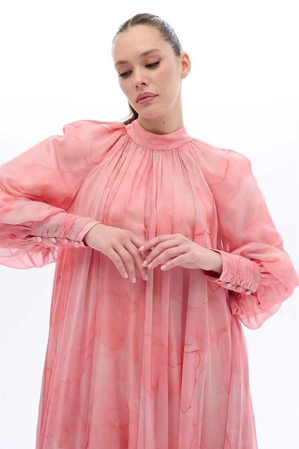 YAKASI FULARLI MERMER DESENLİ ELBİSE Pembe - 3