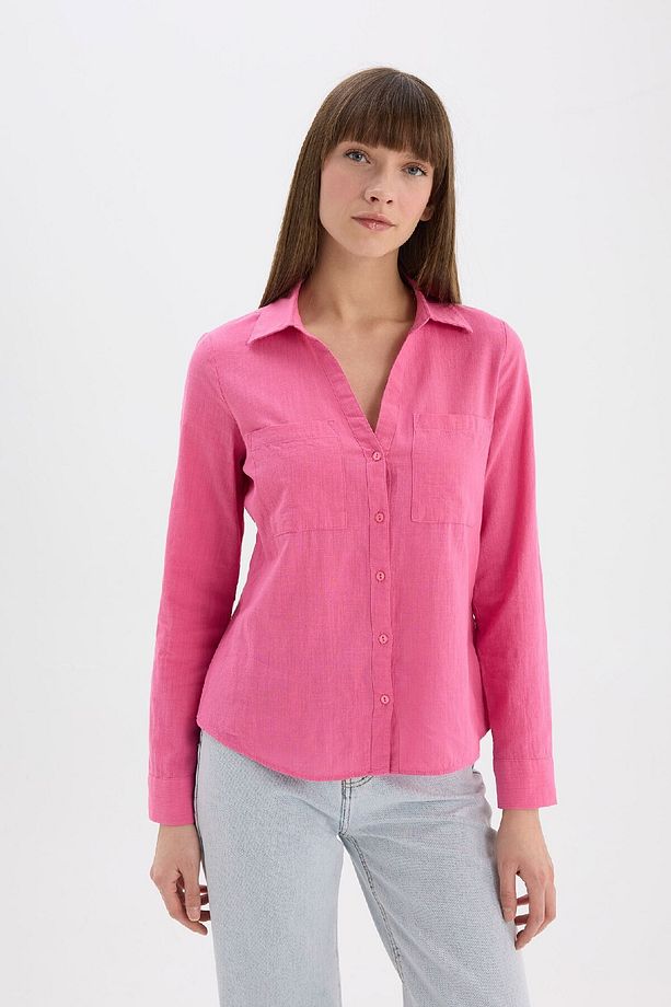 Regular Fit Basic Düz Keten Karışımlı Uzun Kollu Gömlek V2522az25sp - 3