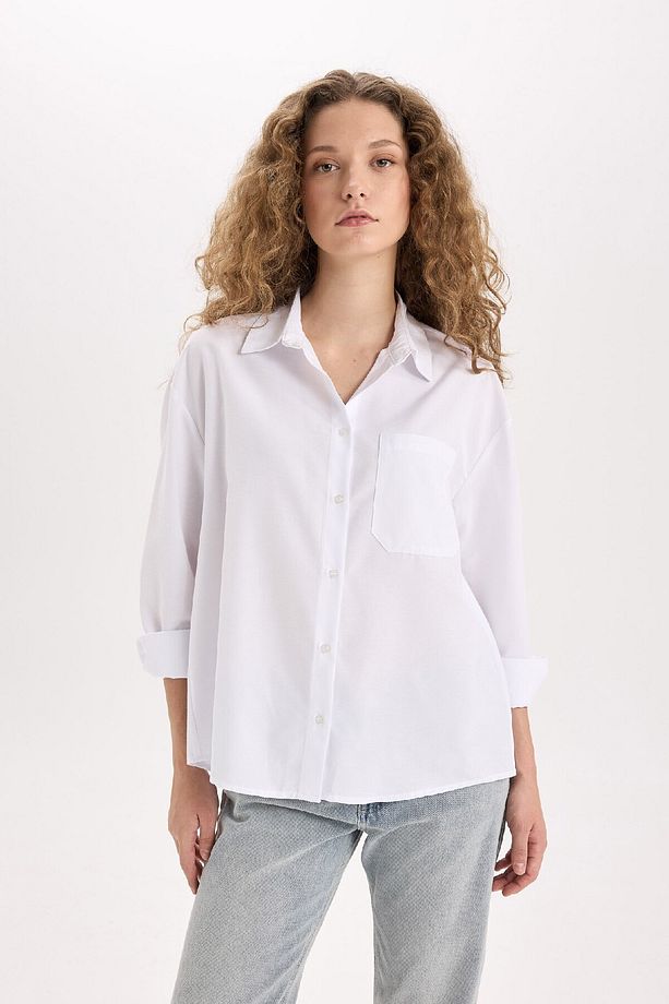 Oversize Geniş Kalıp Poplin Uzun Kollu Gömlek E2294AXNS - 1