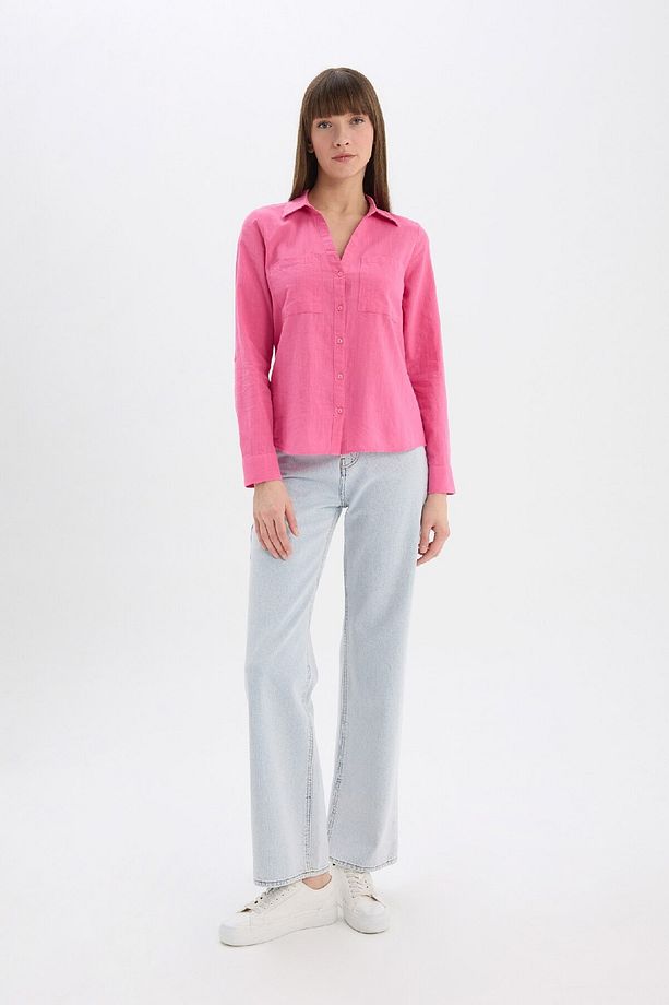 Regular Fit Basic Düz Keten Karışımlı Uzun Kollu Gömlek V2522az25sp - 2