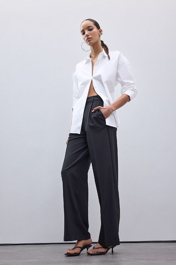 Oversize Geniş Kalıp Basic Düz Poplin Uzun Kollu Gömlek T8735az25sp - 2