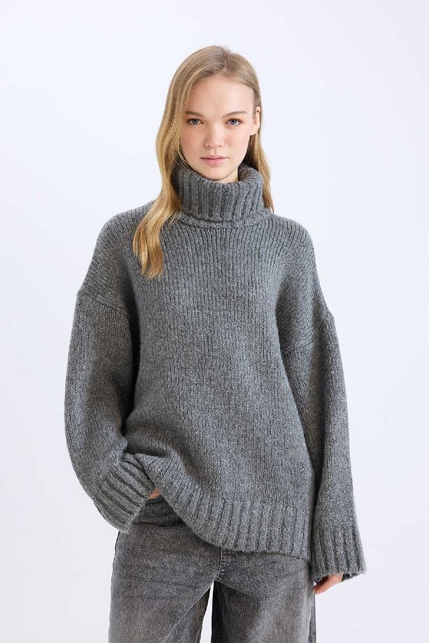 Oversize Geniş Kalıp Balıkçı Yaka Basic Düz Triko Kazak Tunik A6445ax24cw - 4