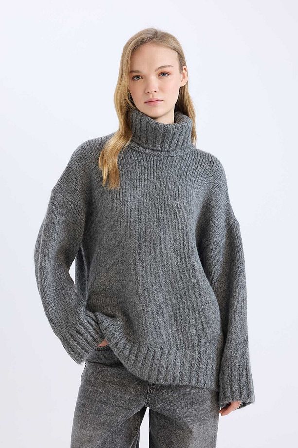 Oversize Geniş Kalıp Balıkçı Yaka Basic Düz Triko Kazak Tunik A6445ax24cw - 3