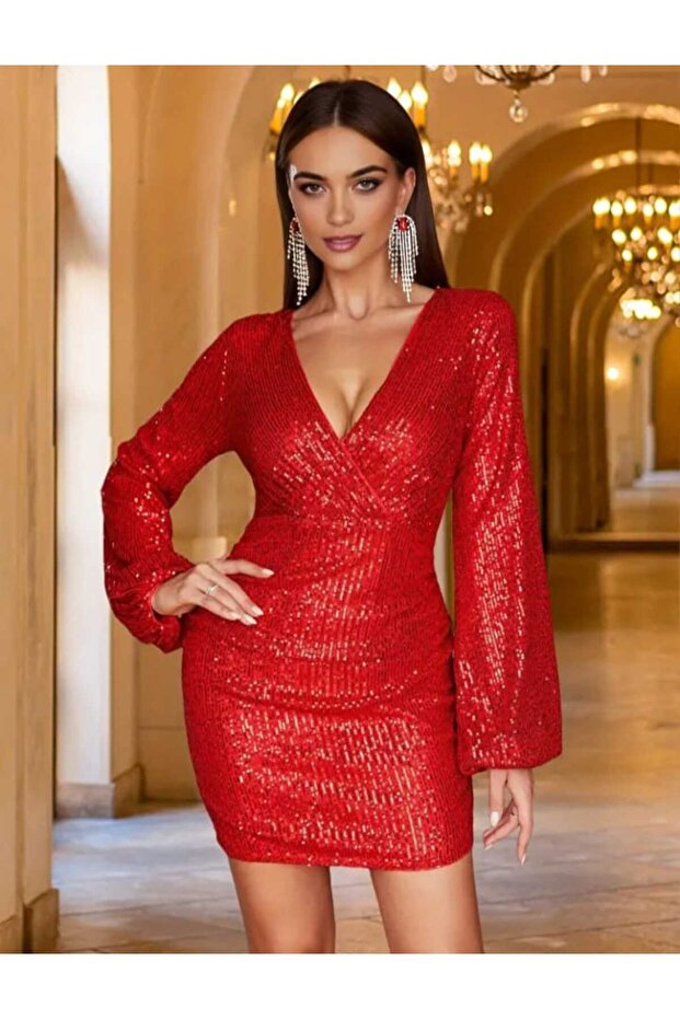 UZUN KOLLU GÖĞÜS DEKOLTELİ PUL PAYET MİNİ ELBİSE - 3