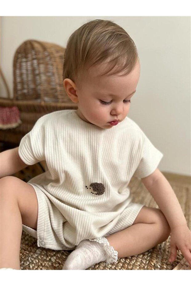 Süzene Hedgehog Embroidered Jumpsuit 0-3 Years Light Beige