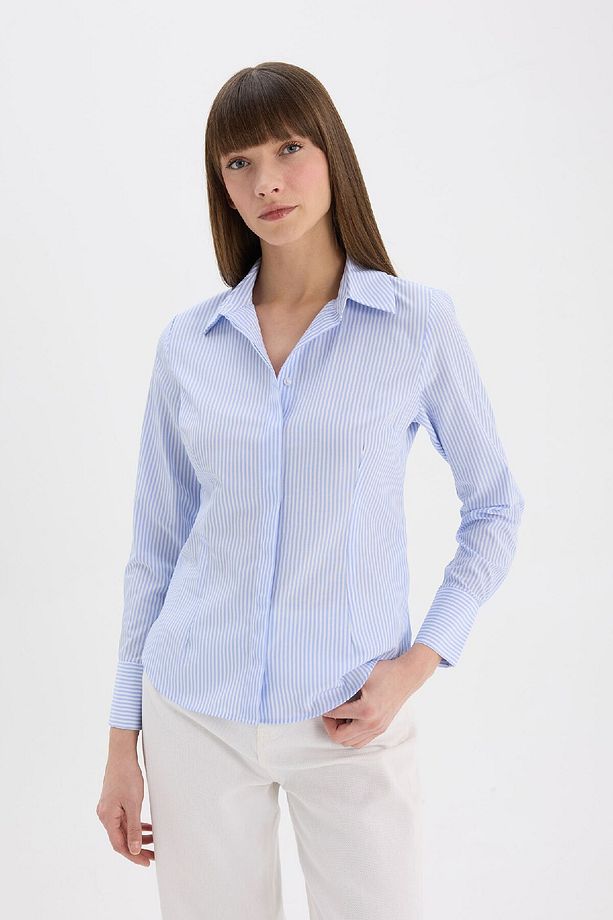 Fitted Basic Düz Poplin Uzun Kollu Gömlek D3172AX25SM - 3