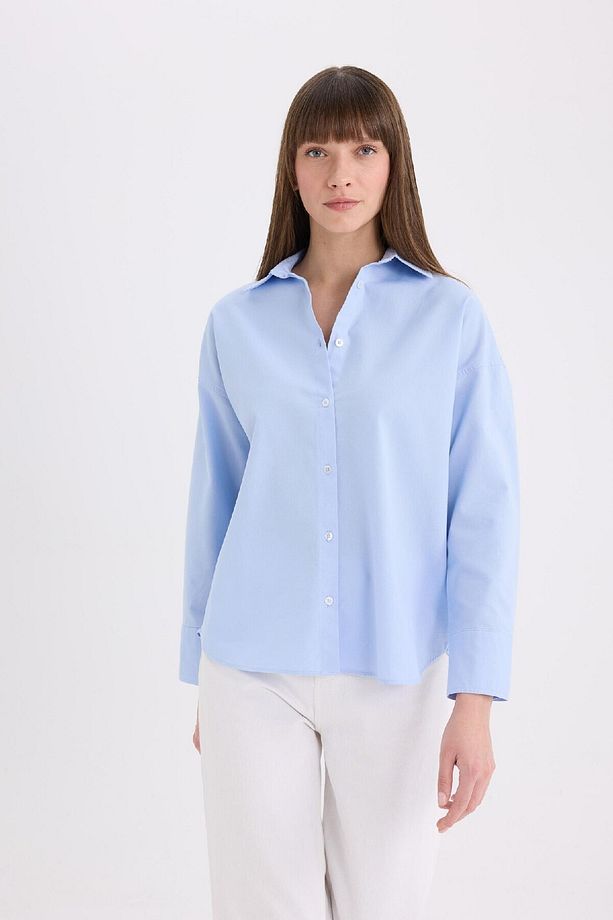 Oversize Geniş Kalıp Basic Düz Oxford Uzun Kollu Gömlek C4597AX25SP - 7