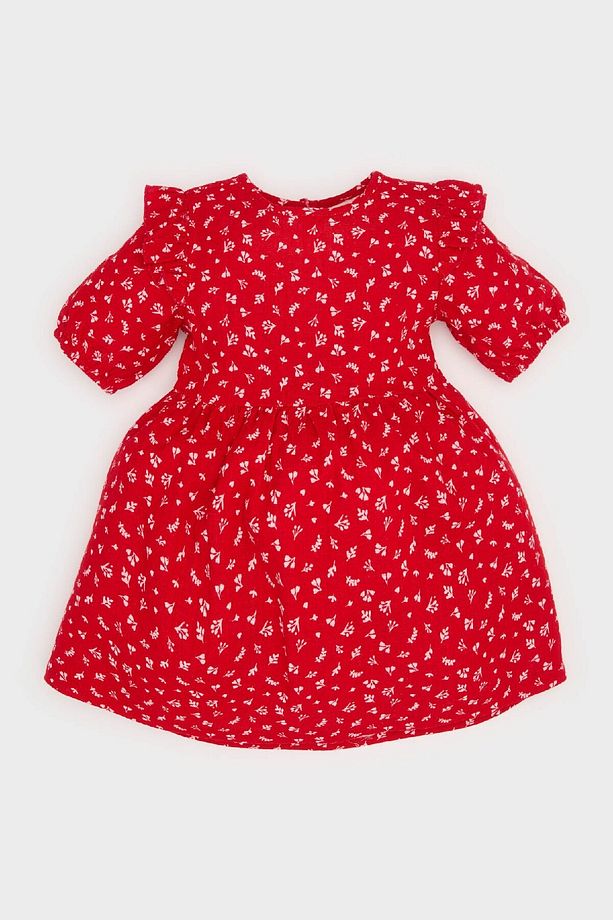 Kız Bebek Desenli Kısa Kollu Flamlı Poplin Elbise E5809A525SP - 1