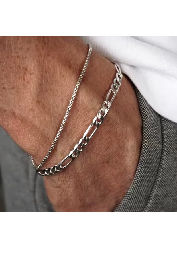 Set of 2 Albanian Figaro Silver Color Chain Bracelets