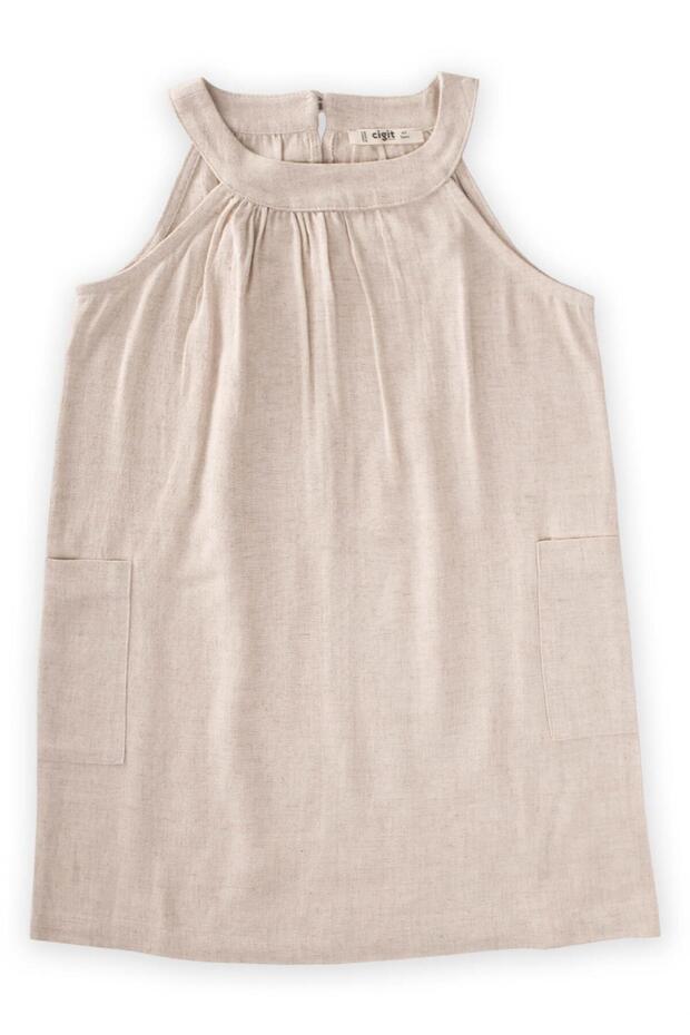 Bracelet Collar Linen Side Pocket Dress 2-7 Years Natural