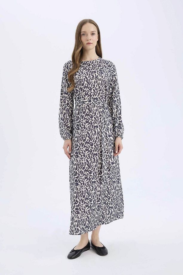 Regular Fit Bisiklet Yaka Desenli Kuşaklı Uzun Kollu Maxi Elbise D9835ax25sm - 3