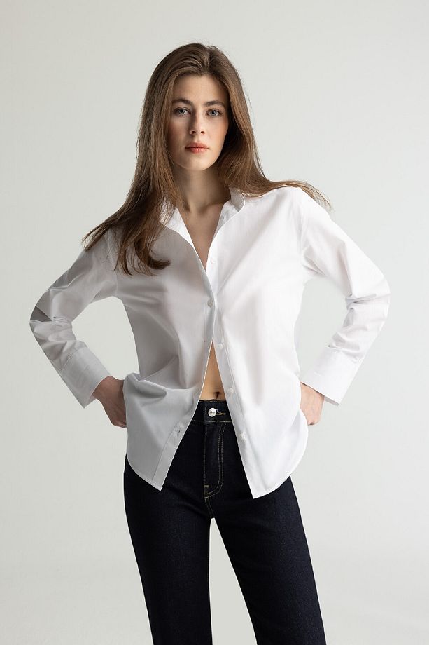 Regular Fit Basic Düz Poplin Uzun Kollu Beyaz Gömlek E5336AX25SP - 3