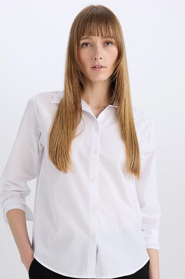 Regular Fit Basic Düz Poplin Uzun Kollu Beyaz Gömlek E5336AX25SP - 6