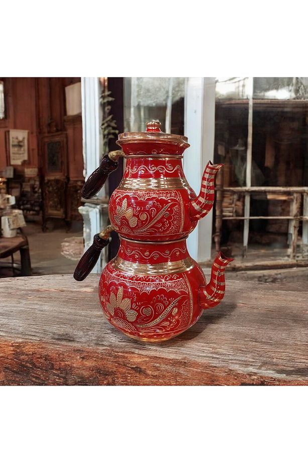 Bakır Çaydanlık Bakır Kırmızı Çaydanlık Bakır Demlik Mavi Bakır Demlik Işlemeli Demlik - 8