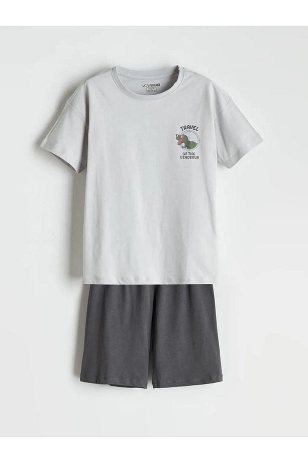 LCW Kids Gri Bisiklet Yaka Dinozor Baskılı Erkek Çocuk Şortlu Pijama Takımı - 1
