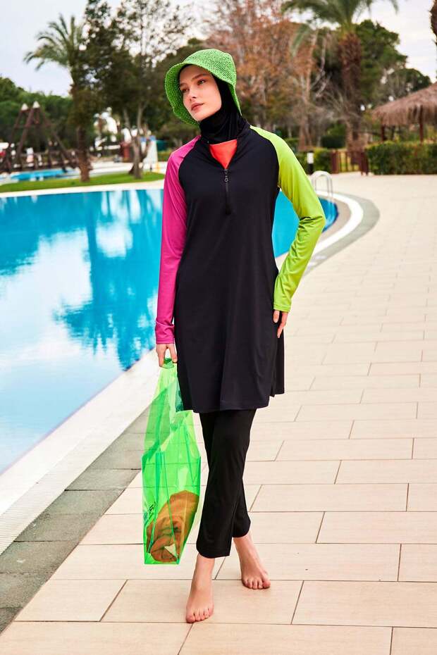 Asymmetric Color Blocked Black Full Coverage Hijab Swimsuit 4 Pieces – M2476