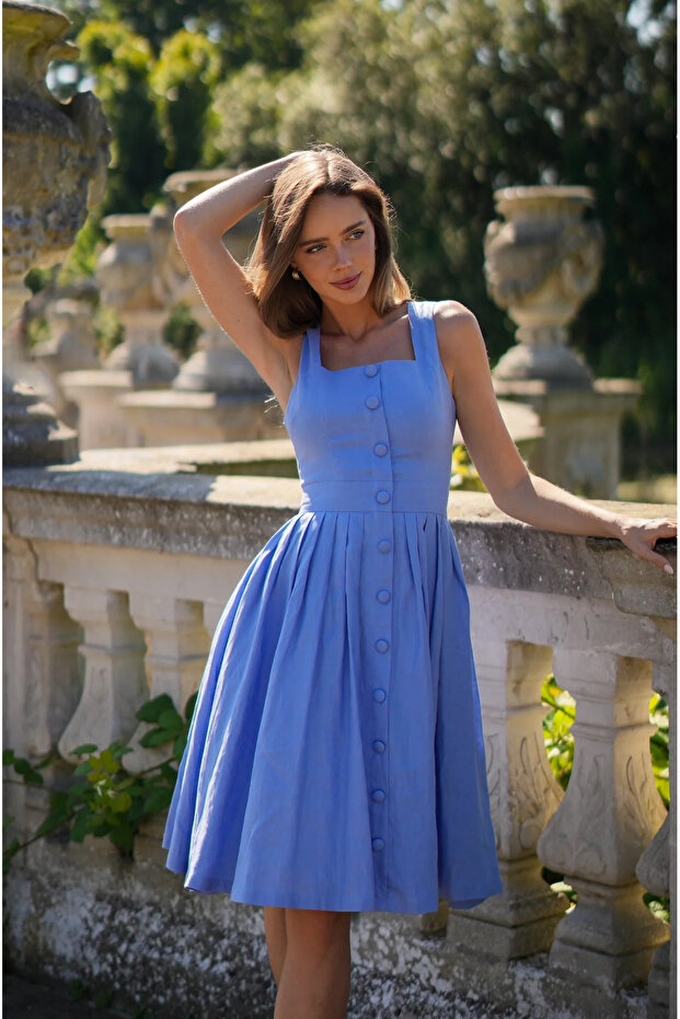 Mavi Keten Elbise - 4