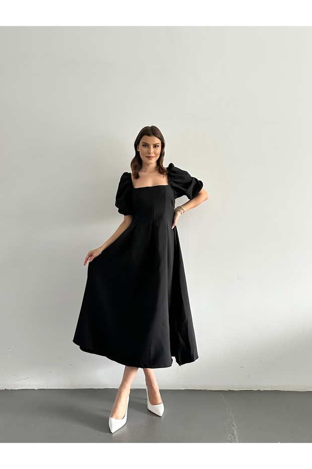 Square Neck Pleated Midi Length Dress
