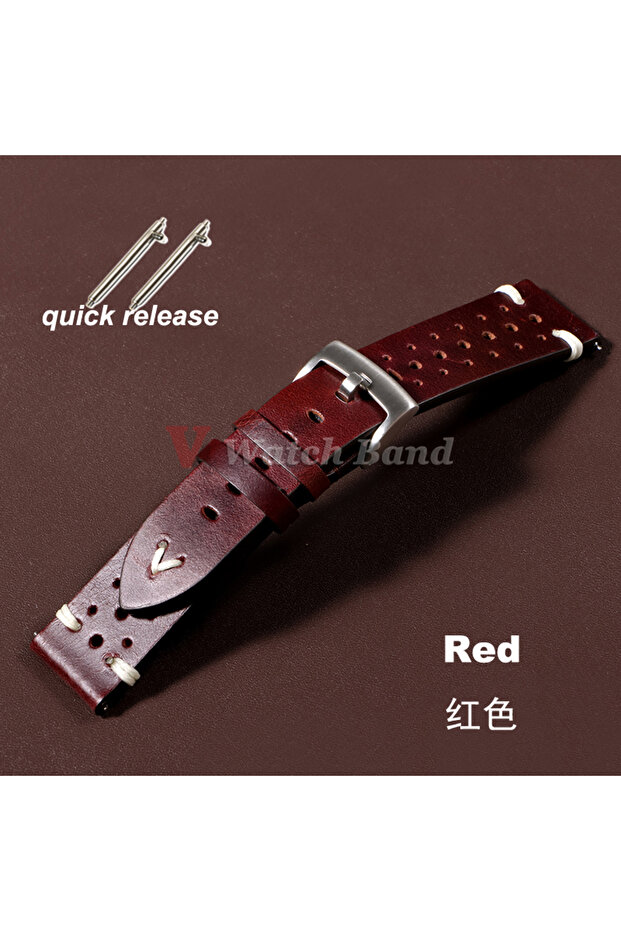 20mm Red Premium Genuine Leather Strap 20mm 22mm Quick Release Oil Wax Discoloration Cowhide Leather