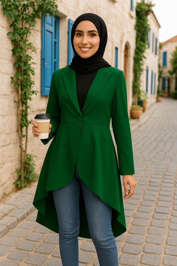 Leyla Sanat a New Perspective on Art Women's Long Sleeve Collared Front Buttoned Long Atlas Blazer Ceke