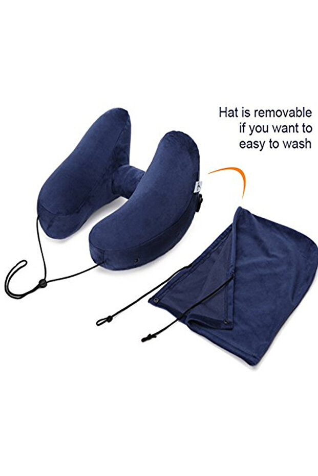 DEEP BLUE 1PC Neck Pillow Travel Inflatable U-shaped Pillow H Hooded Aviation Neck Pillow with a Bla