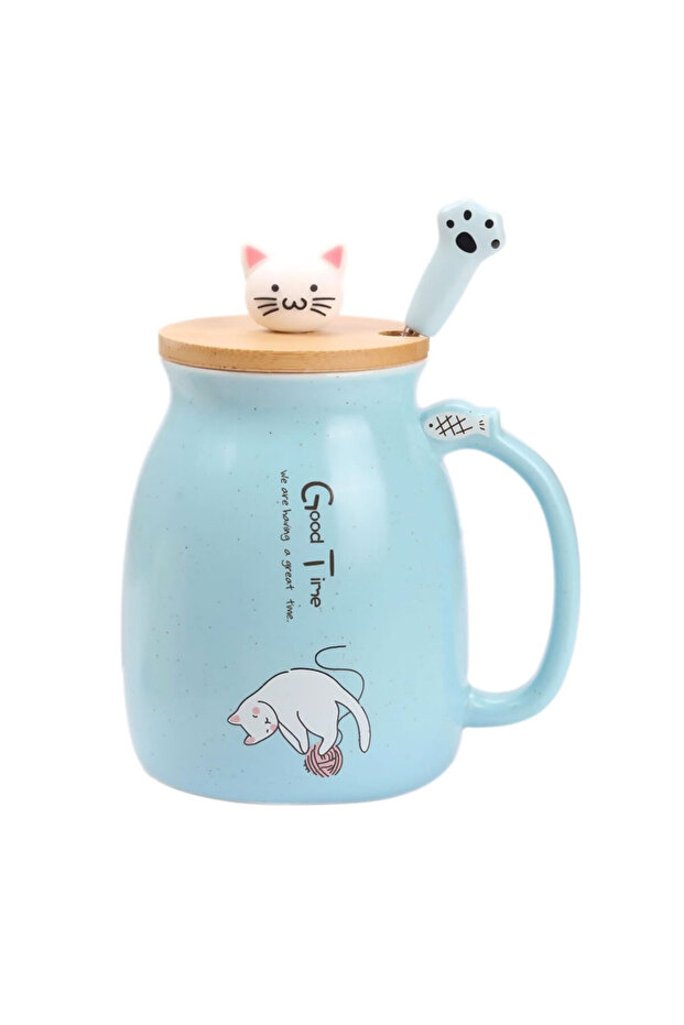 401-500ml Blue Kawaii Tea Cup Cute Cat Ceramic Coffee Mug with Kitty Lid and Spoon Japanese style No