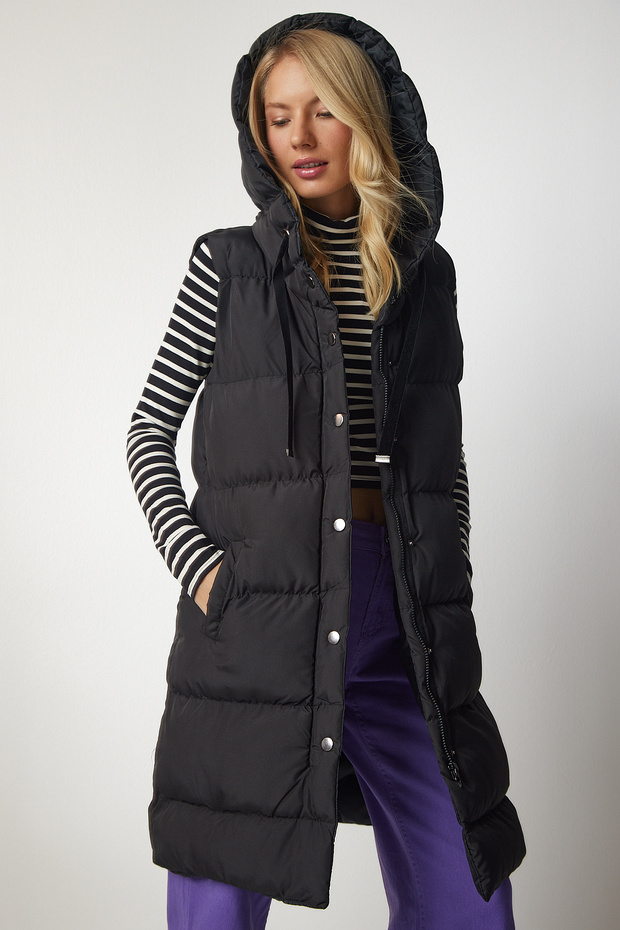 Hooded Long Puffer Vest Black Lvp0007