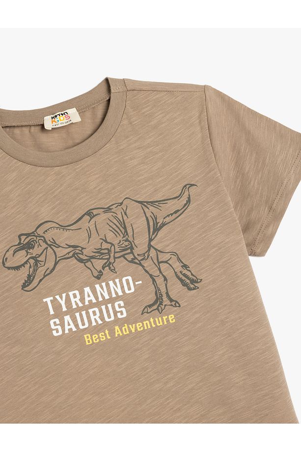 Dinozor Baskılı Bisiklet Yaka Kısa Kollu Pamuklu Tişört - 3