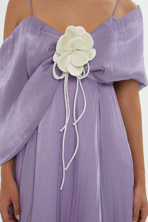 Omuz Drapeli Mor Elbise - 4