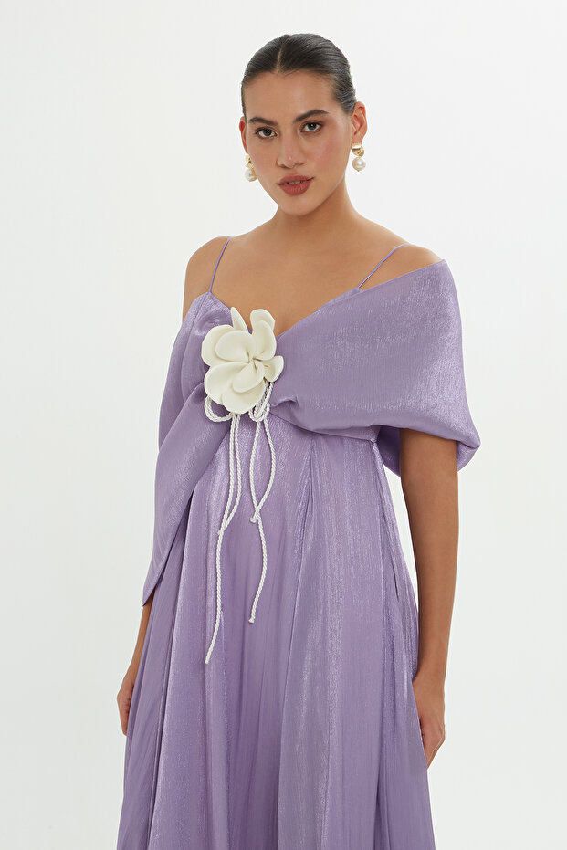 Omuz Drapeli Mor Elbise - 3