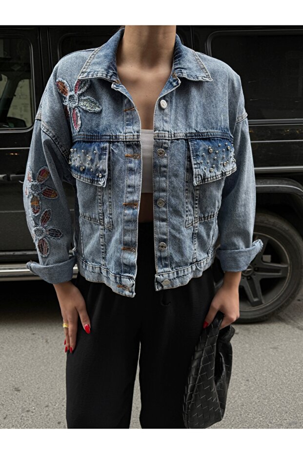 Crop kot çeket nakış işlemeli - 3