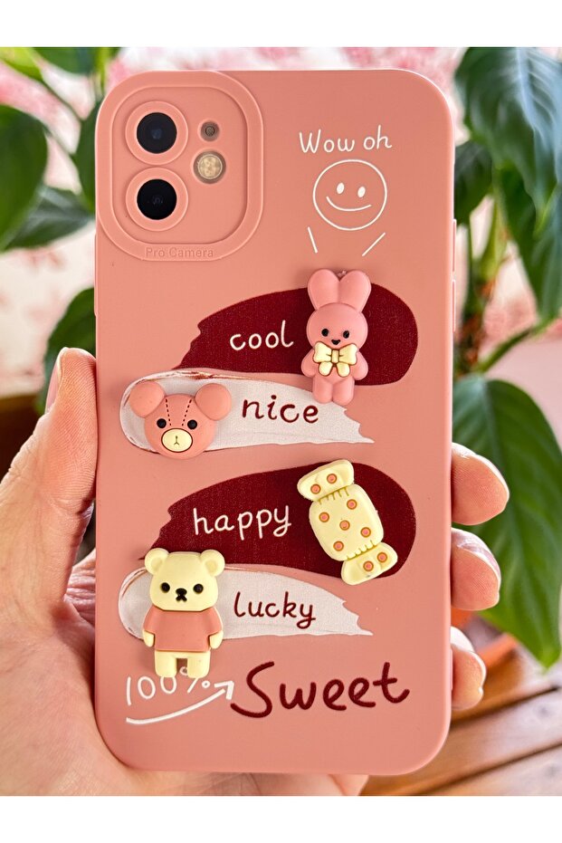 iPhone 12 Case Designed Patterned Camera Protected Rabbit Pink Soft Silicone Cover - 3