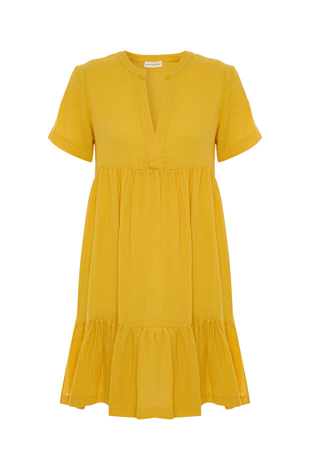 Women's Saffron Color V-Neck Short Sleeve Mini Flared Dress