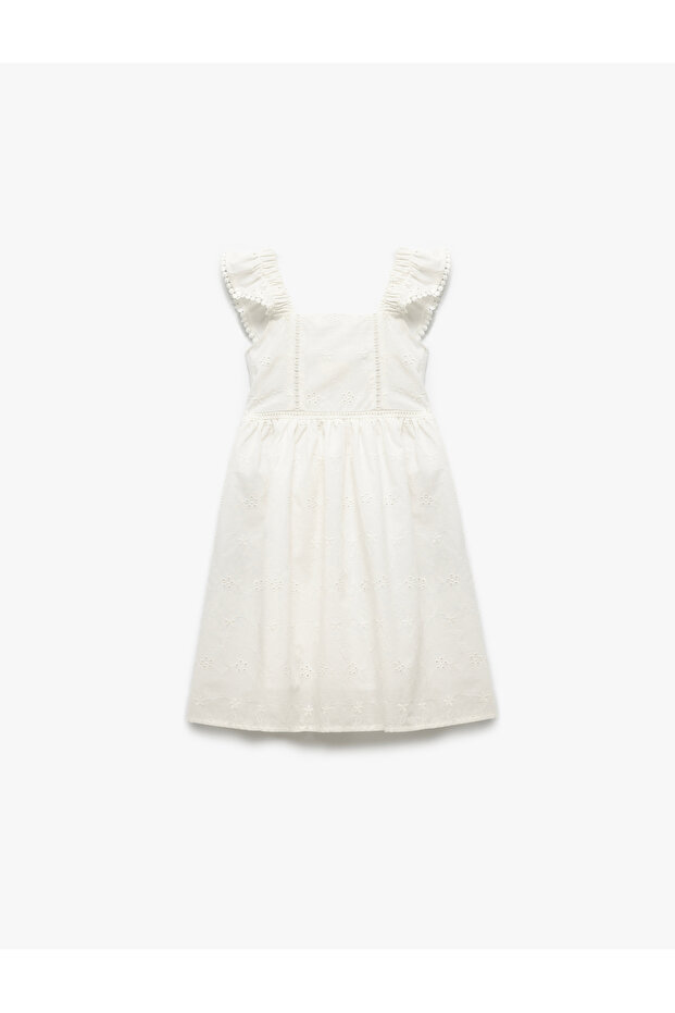 Cotton Embroidered Square Neck Lace Detailed Strap Dress