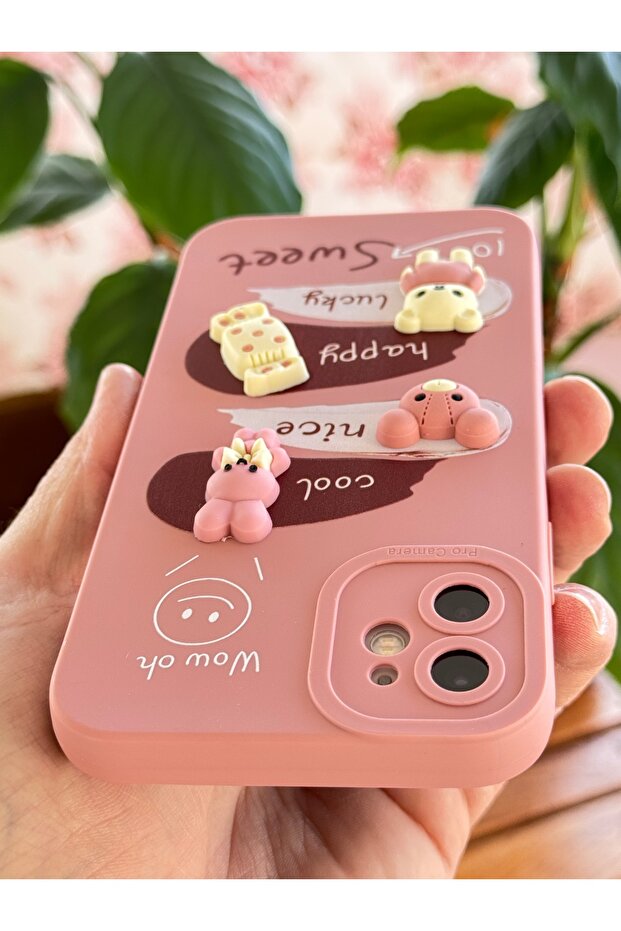 iPhone 12 Case Designed Patterned Camera Protected Rabbit Pink Soft Silicone Cover - 6